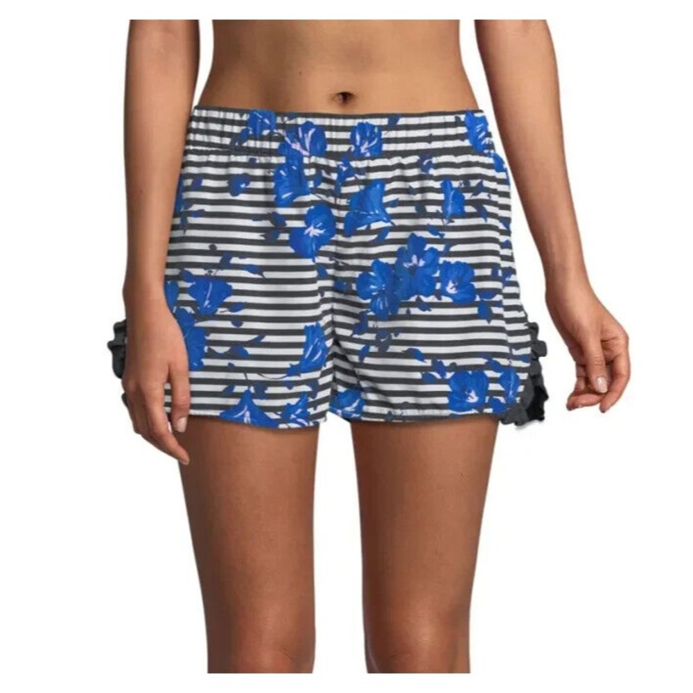 Kate Spade New York Blue Floral Striped Ruffle Swim Board Shorts XS Navy White